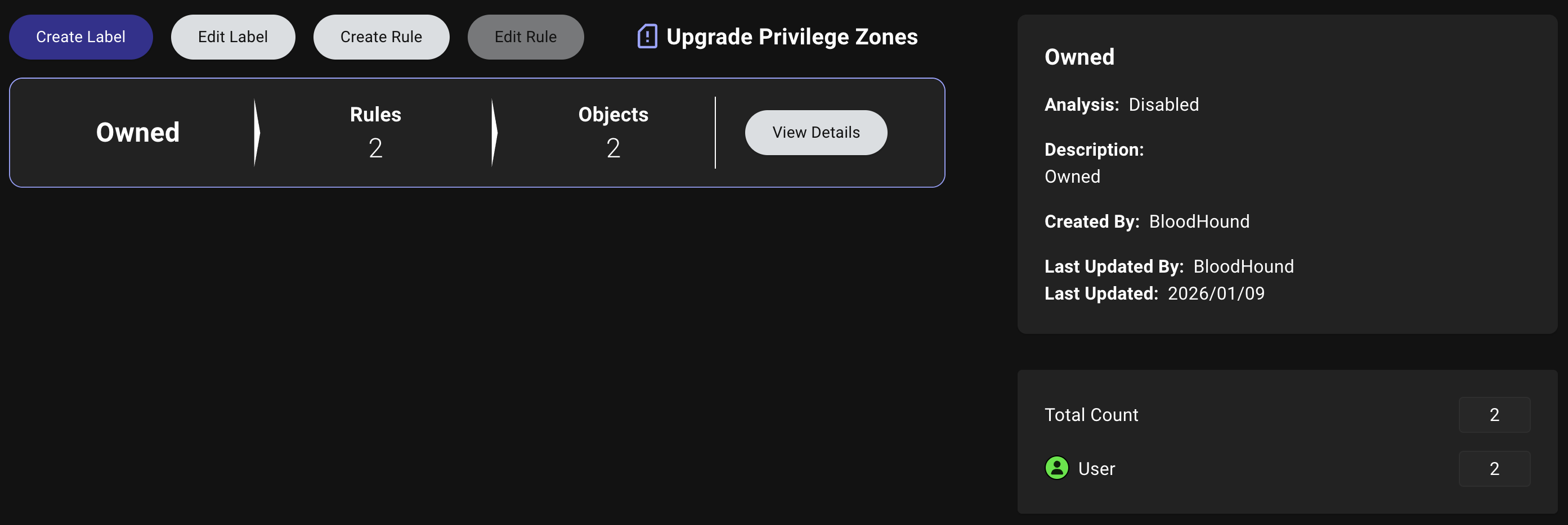 A view of the Zone Builder labels summary view