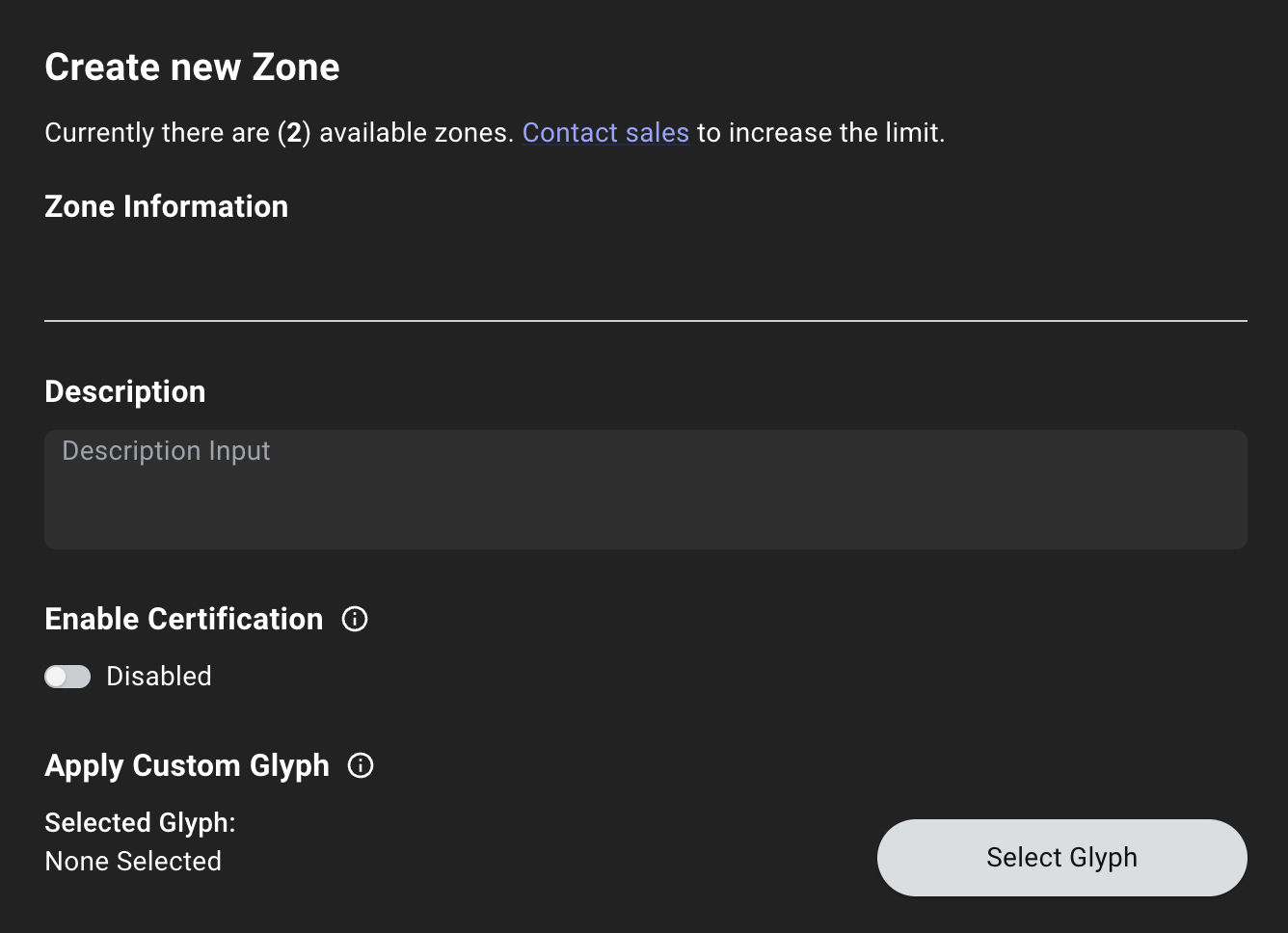 A view of the Zone Builder create zone page