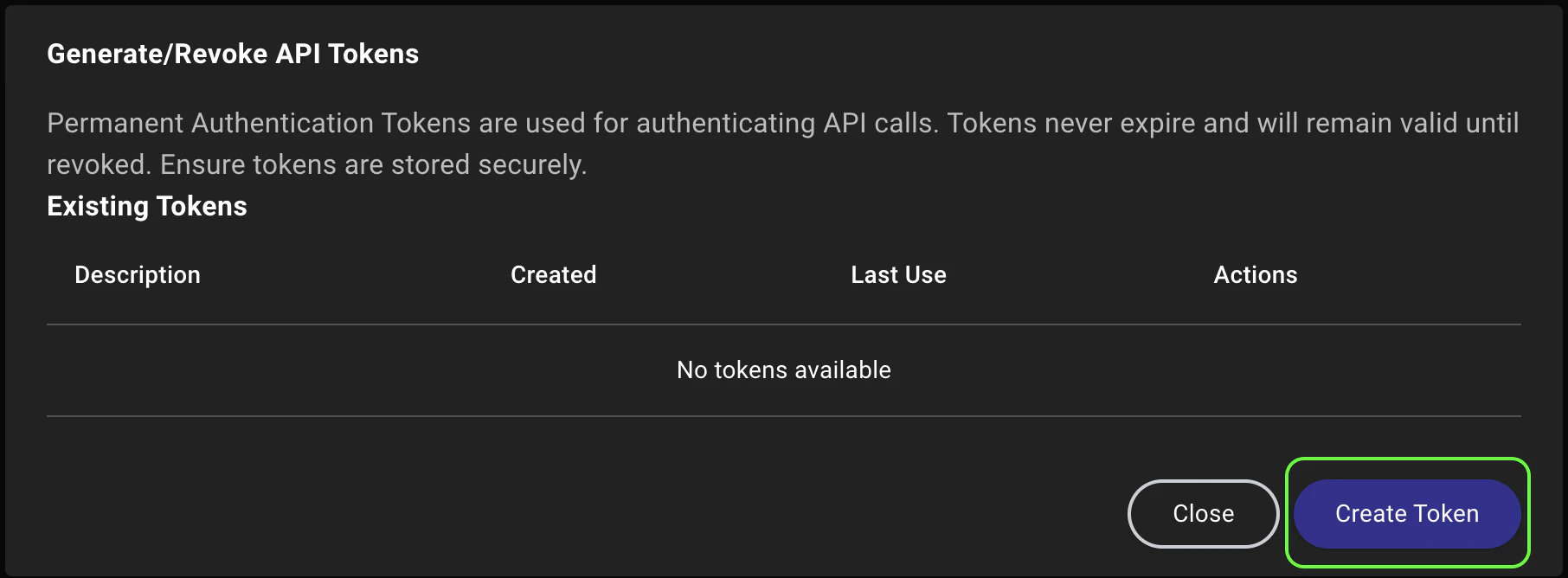 A view of the API token creation interface