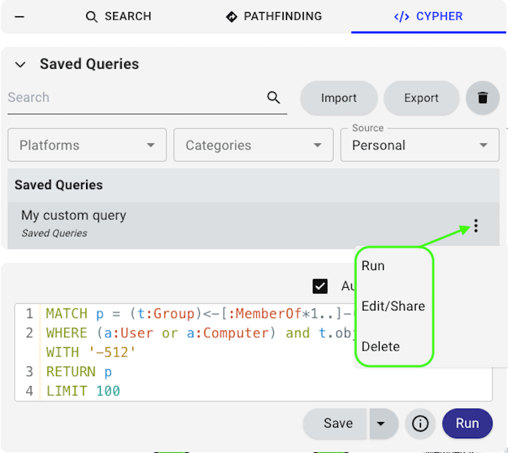 Edit and delete saved queries