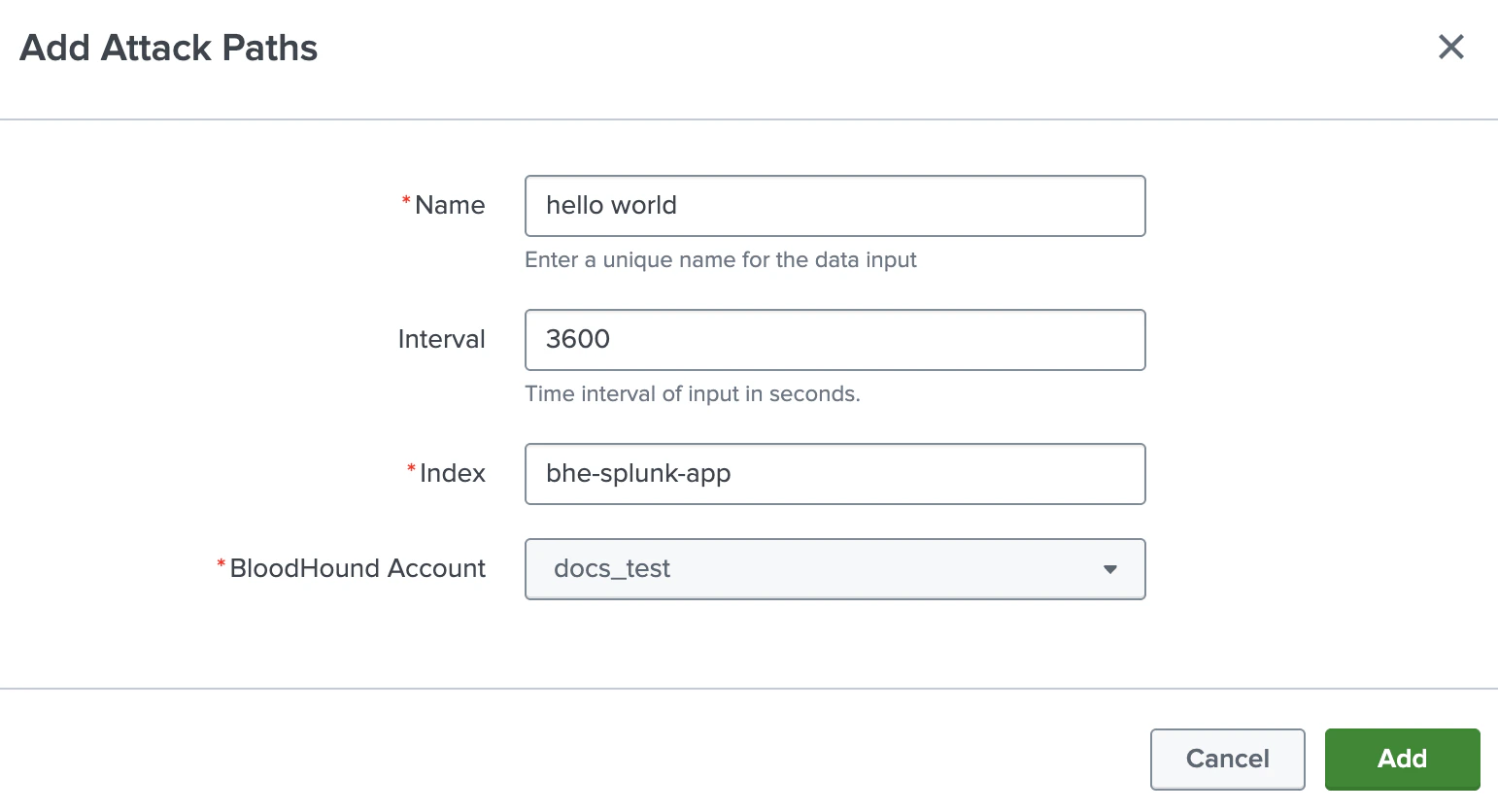 A view of the Splunk 'Create New Input' configuration page showing the fields filled out for creating a new input.