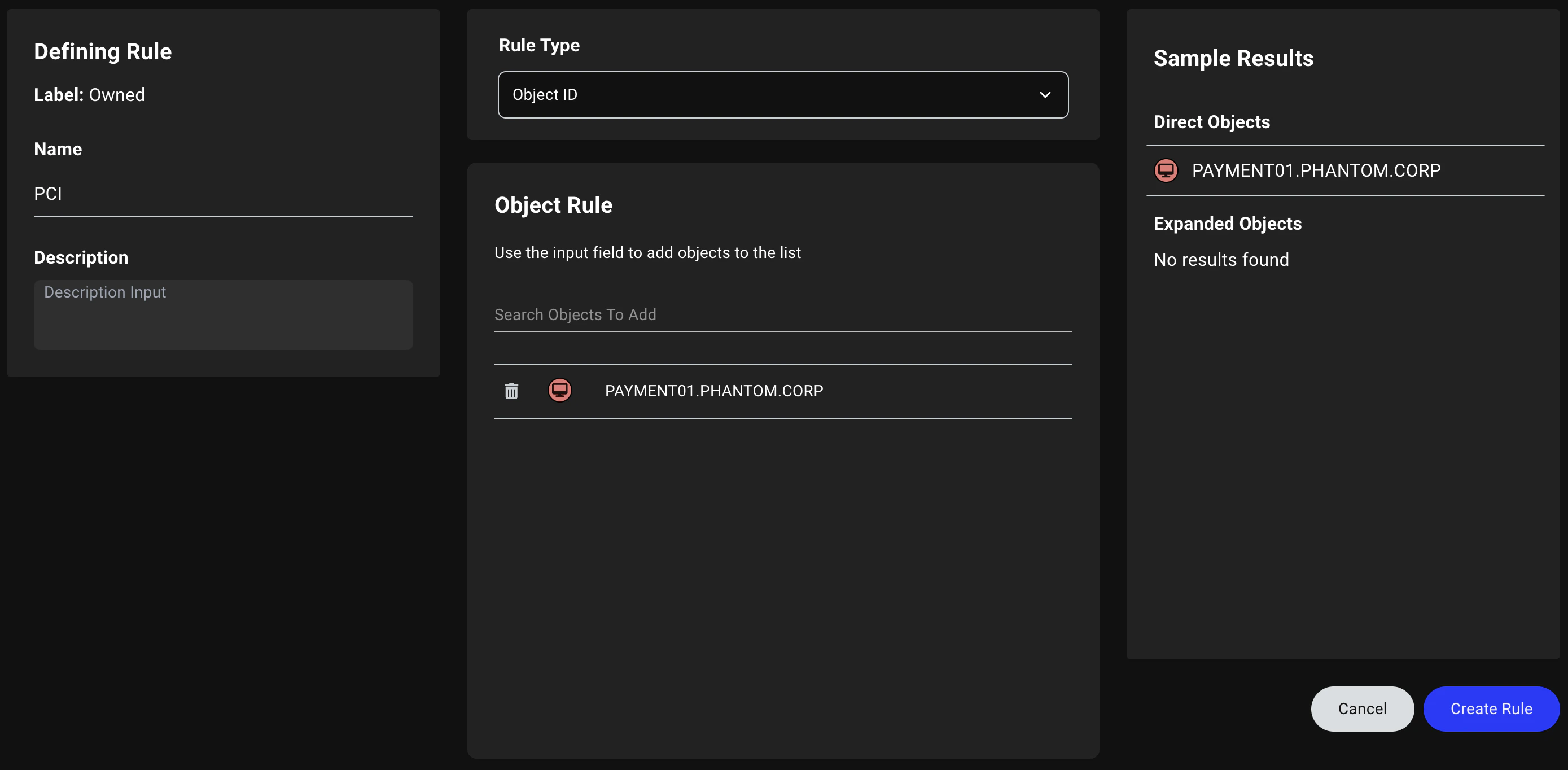 A view of the Zone Builder define label rule page