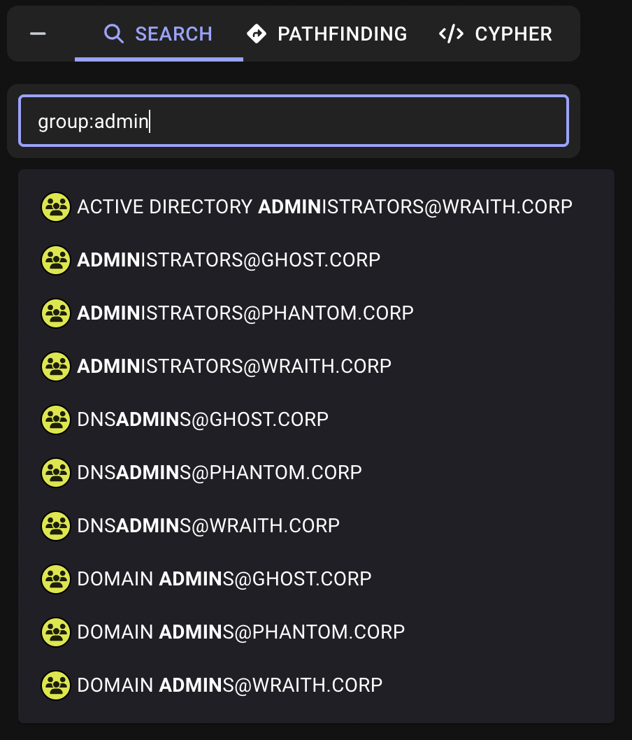 A view showing how to search for group nodes containing the word admin in the Explore page
