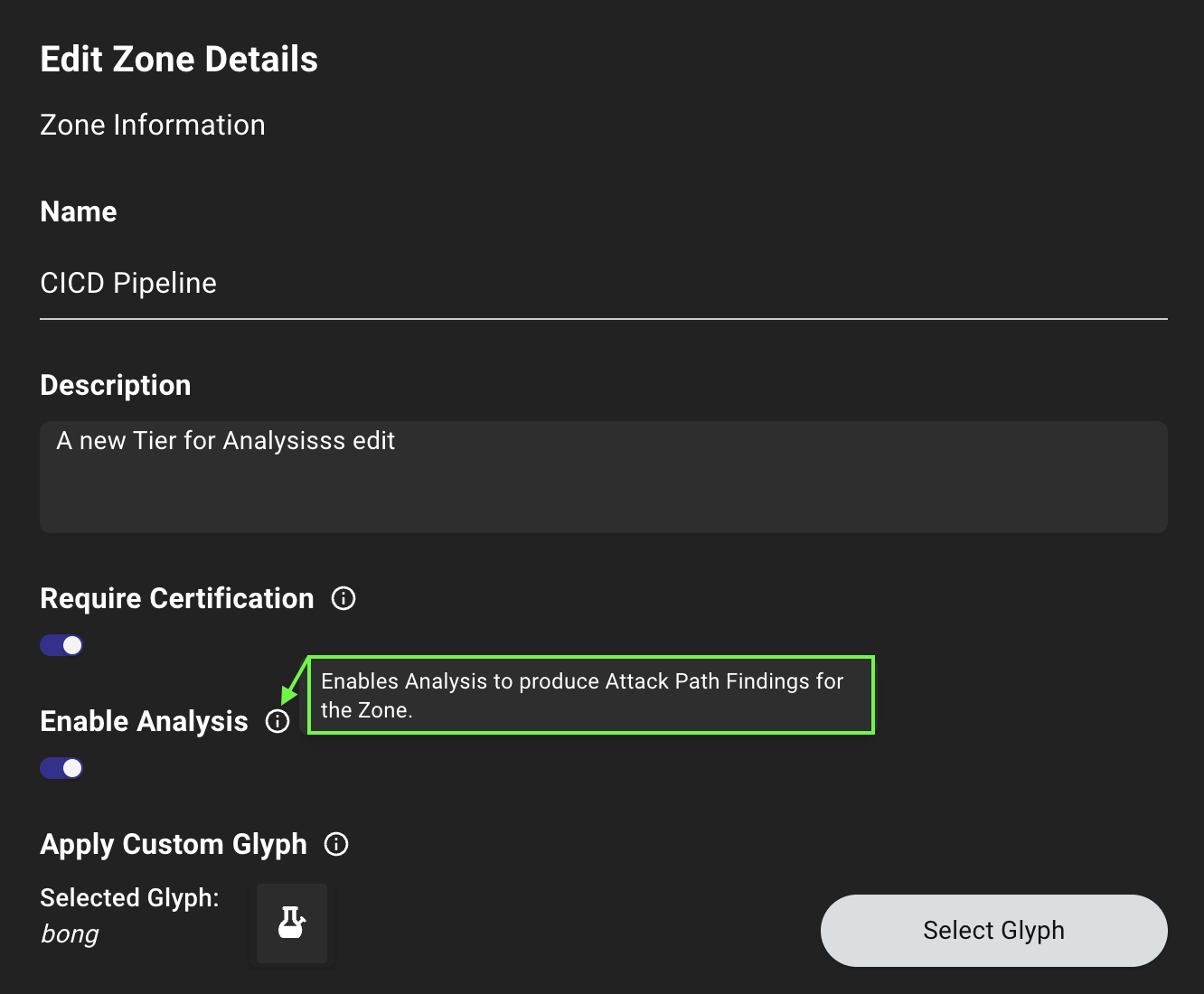 A view of the Edit Zone page showing the Enable Analysis tooltip