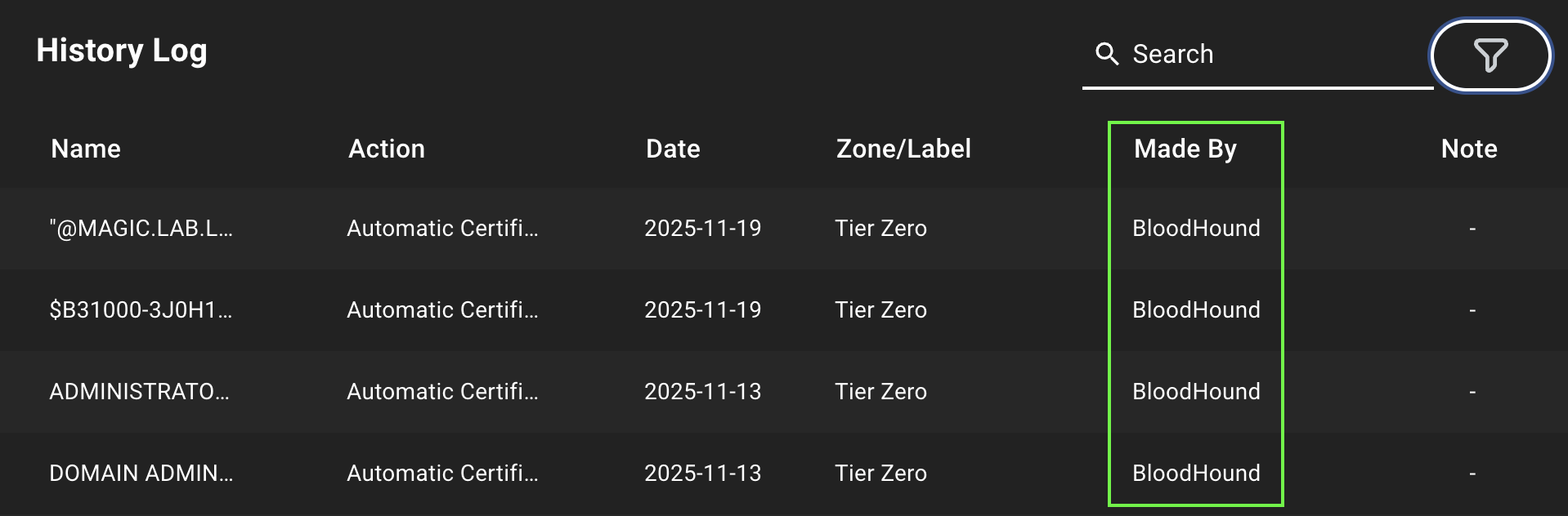 A view of the History tab showing BloodHound as the creator of a system action