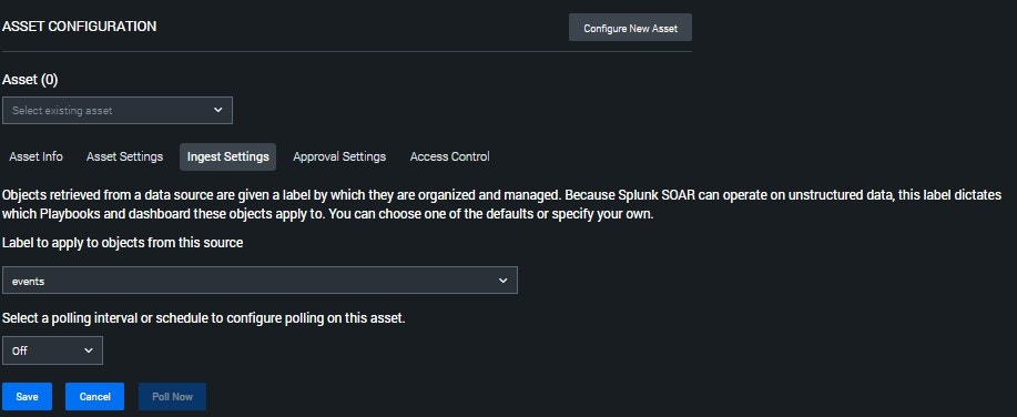 Splunk SOAR ingest settings page with Label to apply to objects from this source and Select a polling interval or schedule to configure polling on this asset fields highlighted