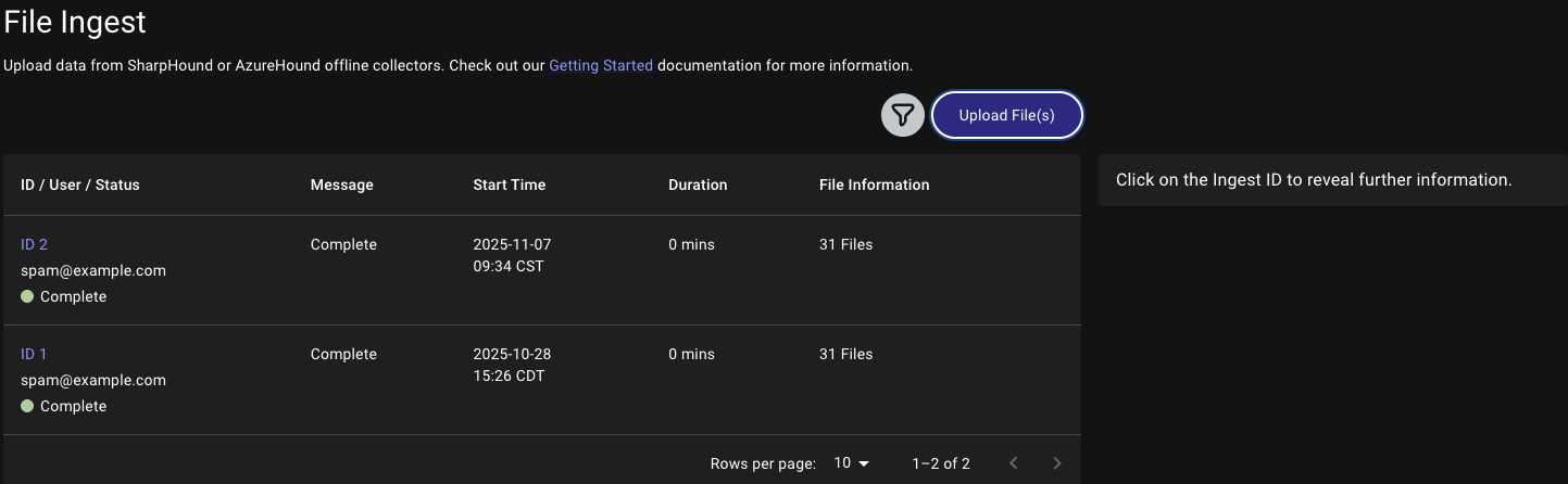 File Ingest screen showing the Upload File(s) button