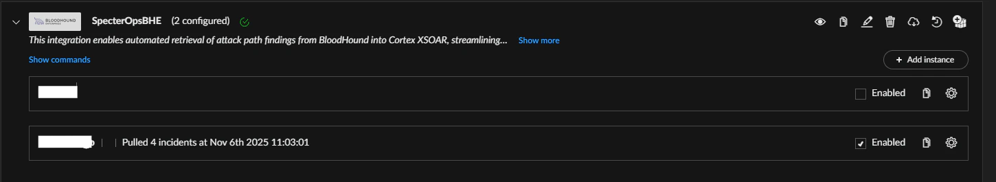 Cortex XSOAR instance logs showing incident fetch activity for SpecterOpsBHE integration.