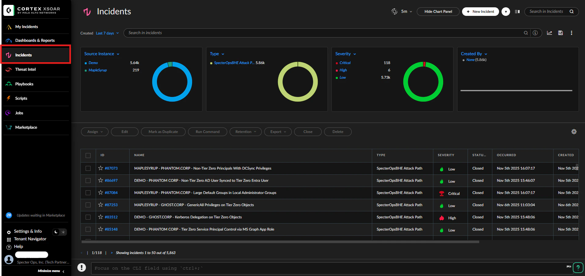 Cortex XSOAR Incidents list showing SpecterOpsBHE attack path incidents.