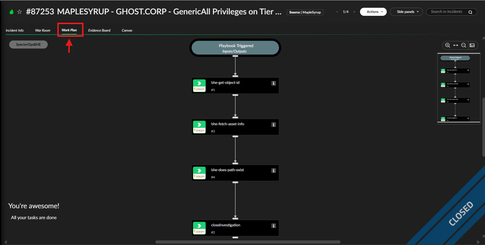 Work Plan view showing the playbook tasks and scripts executed for the incident.