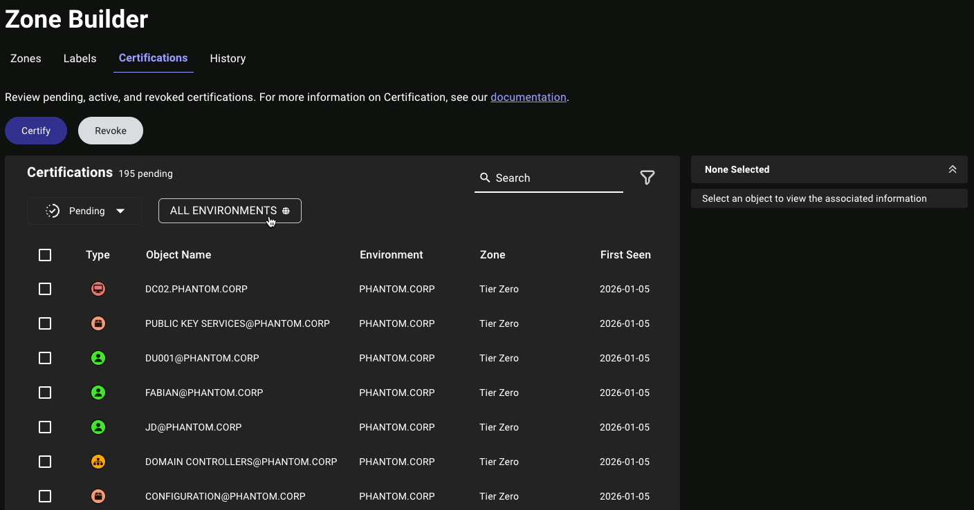 An animated view of the Zone Builder certification environment filter
