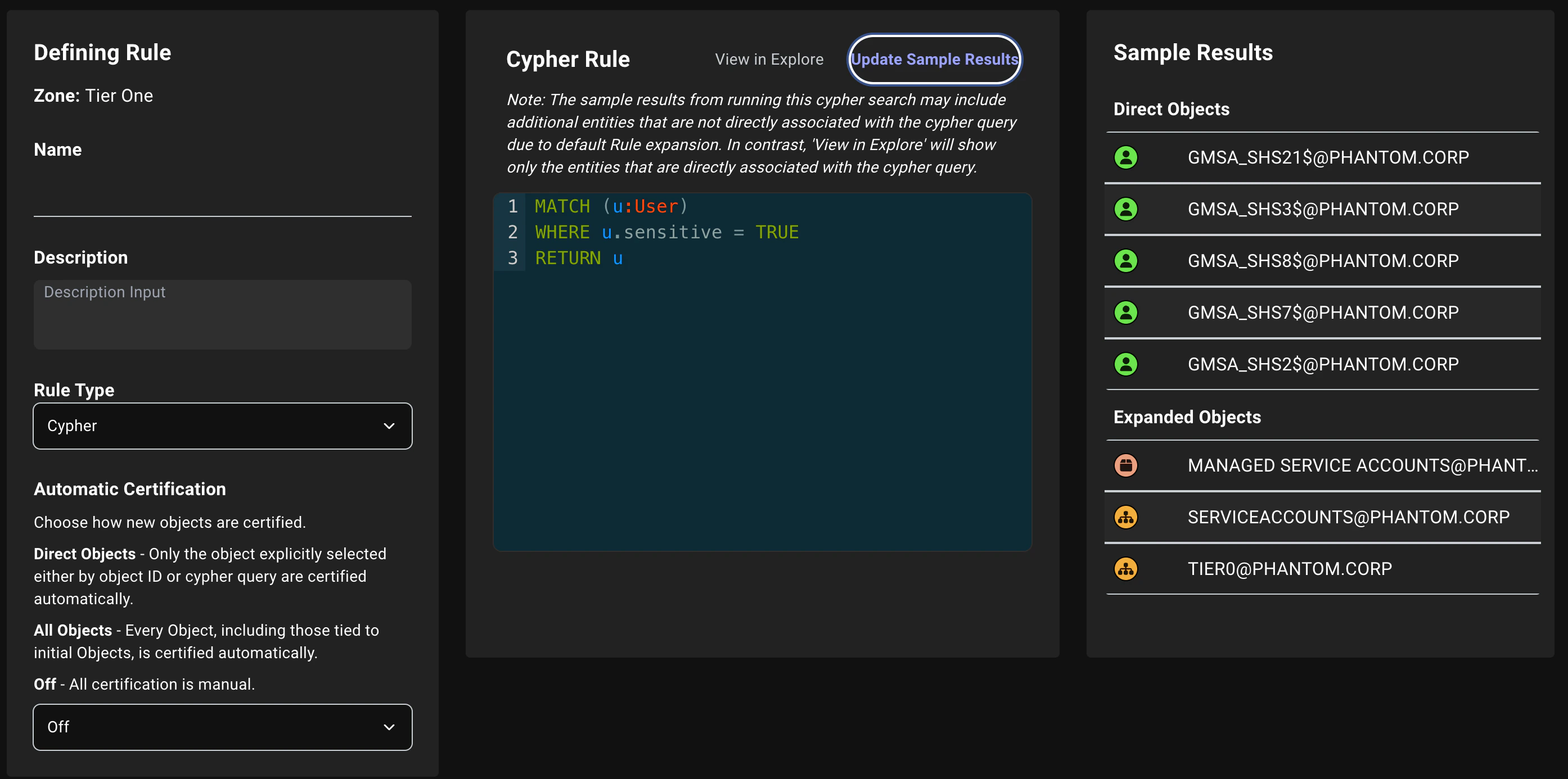 A view of the Zone Builder Cypher rule configuration