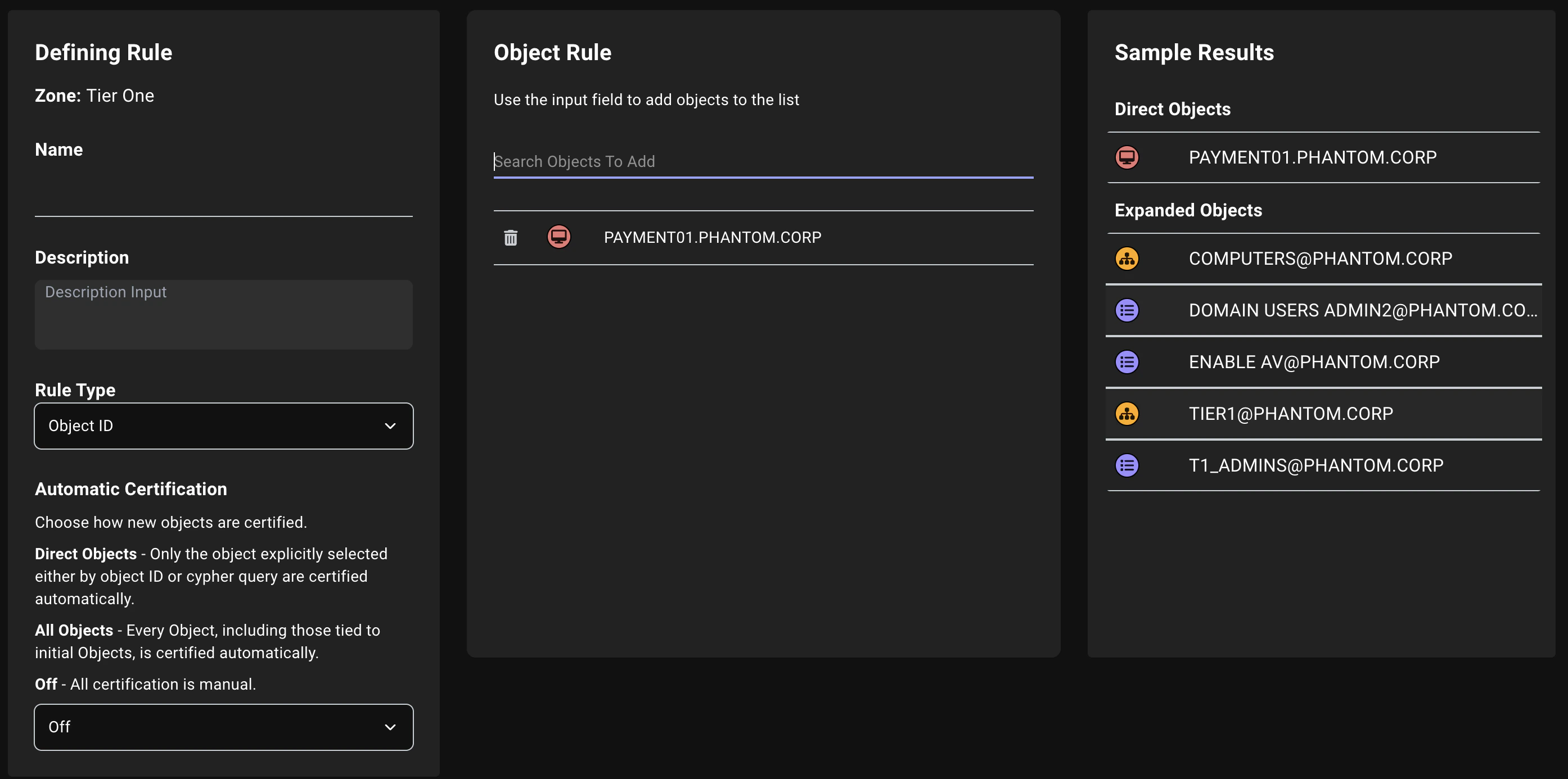 A view of the Zone Builder Object ID rule configuration