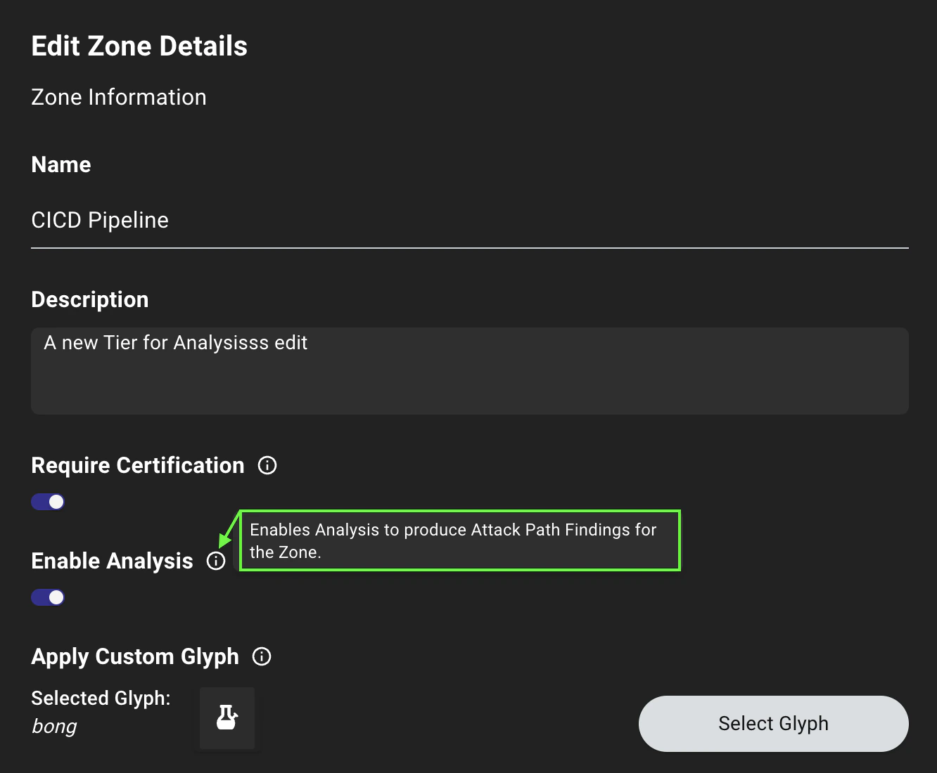 A view of the Edit Zone page showing the Enable Analysis tooltip