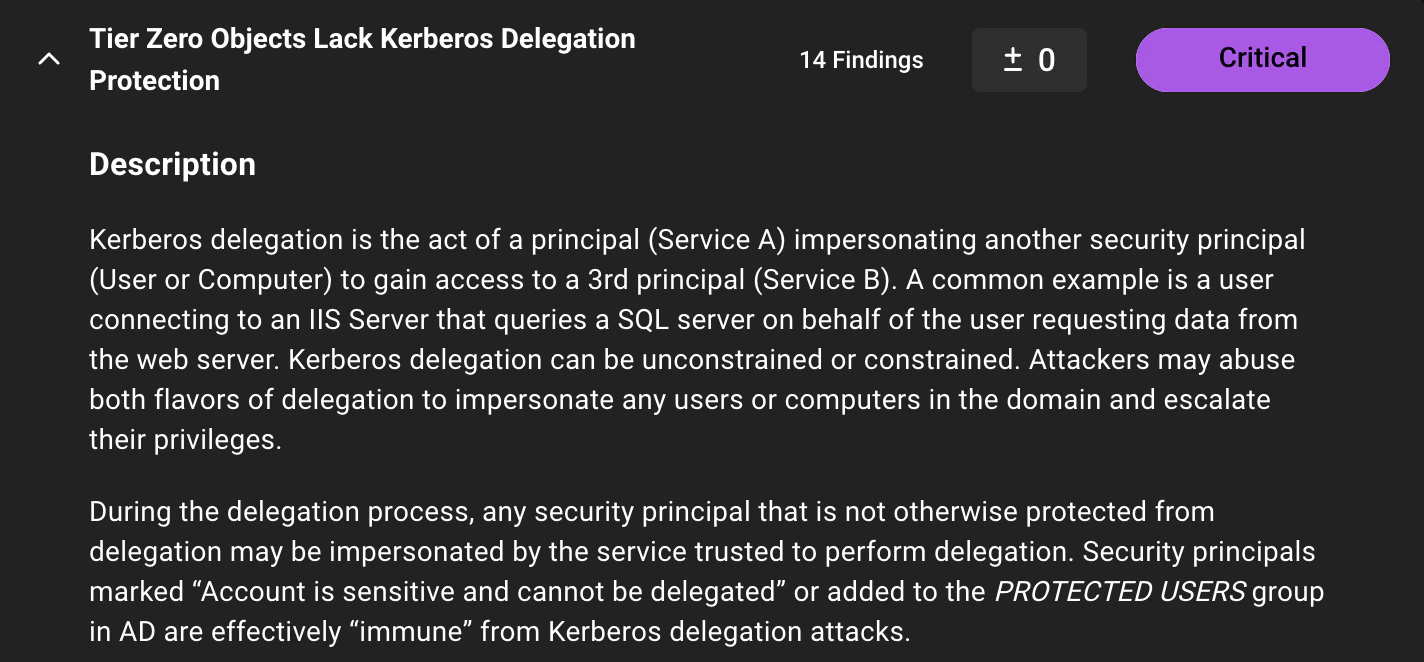 A view of the revised Tier Zero Objects Lack Kerberos Delegation Protection finding