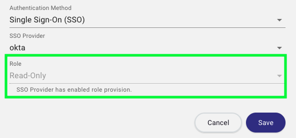 A view of the Update User dialog with the Single Sign-On authentication method selected and provisioning enabled.