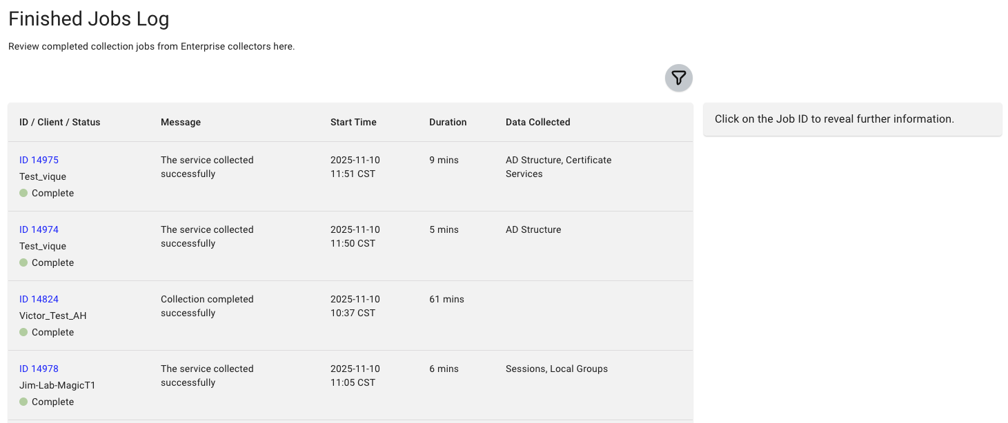 Finished Jobs Log screen showing the details panel