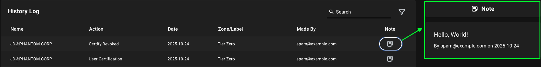 Show certification note in Privilege Zones history log