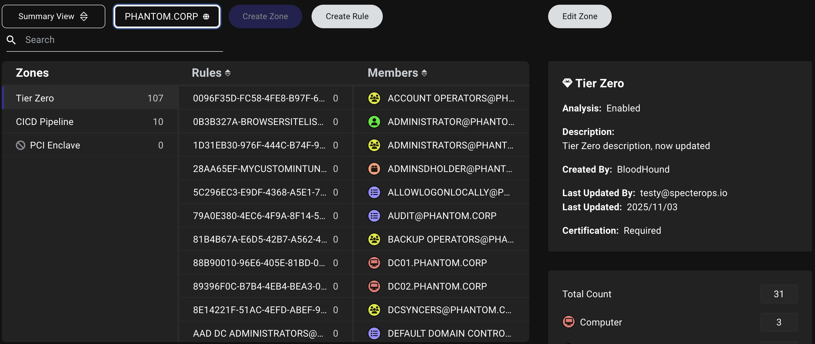 Privilege Zones detail view