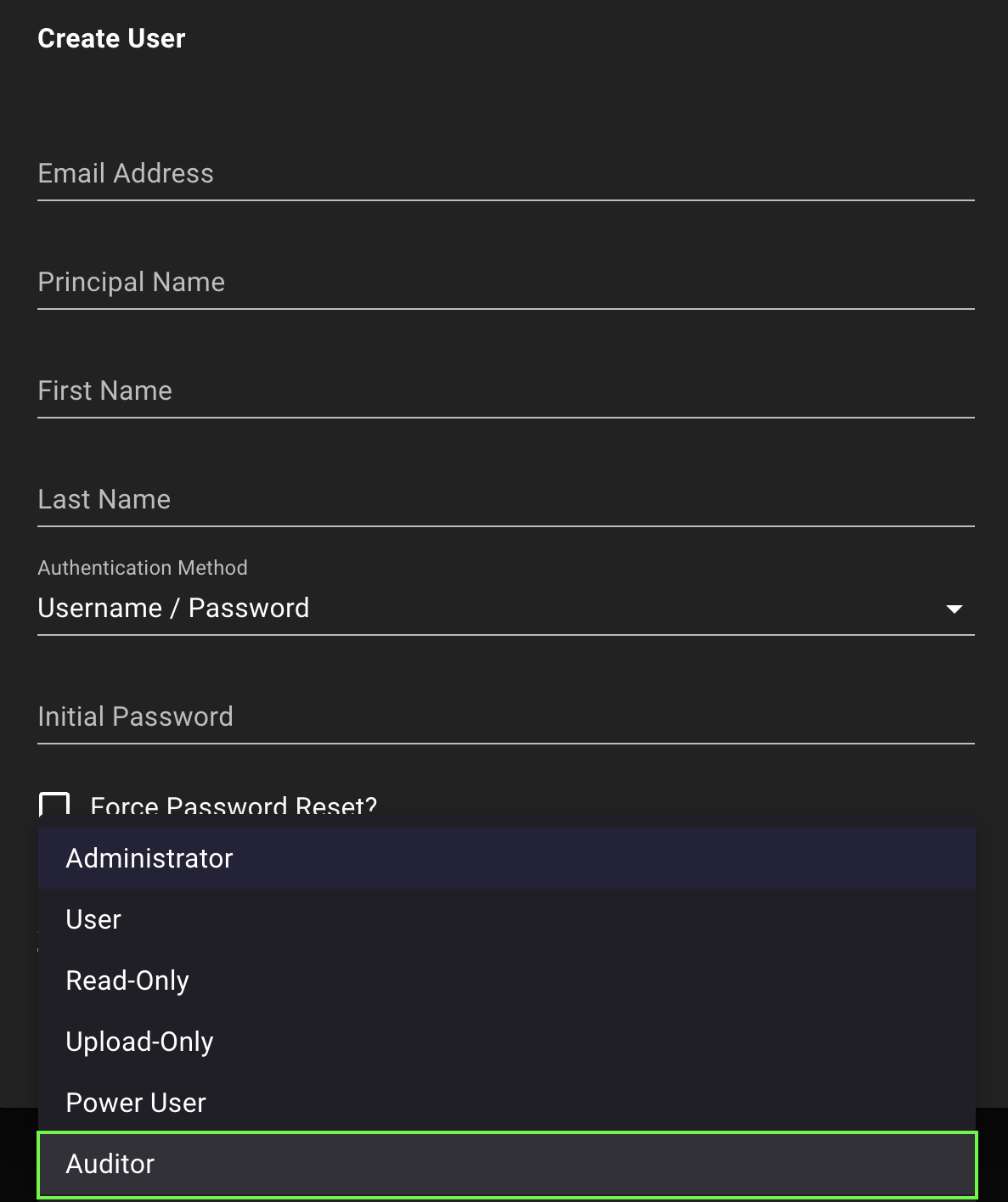 A view of the Create User page showing the Auditor role