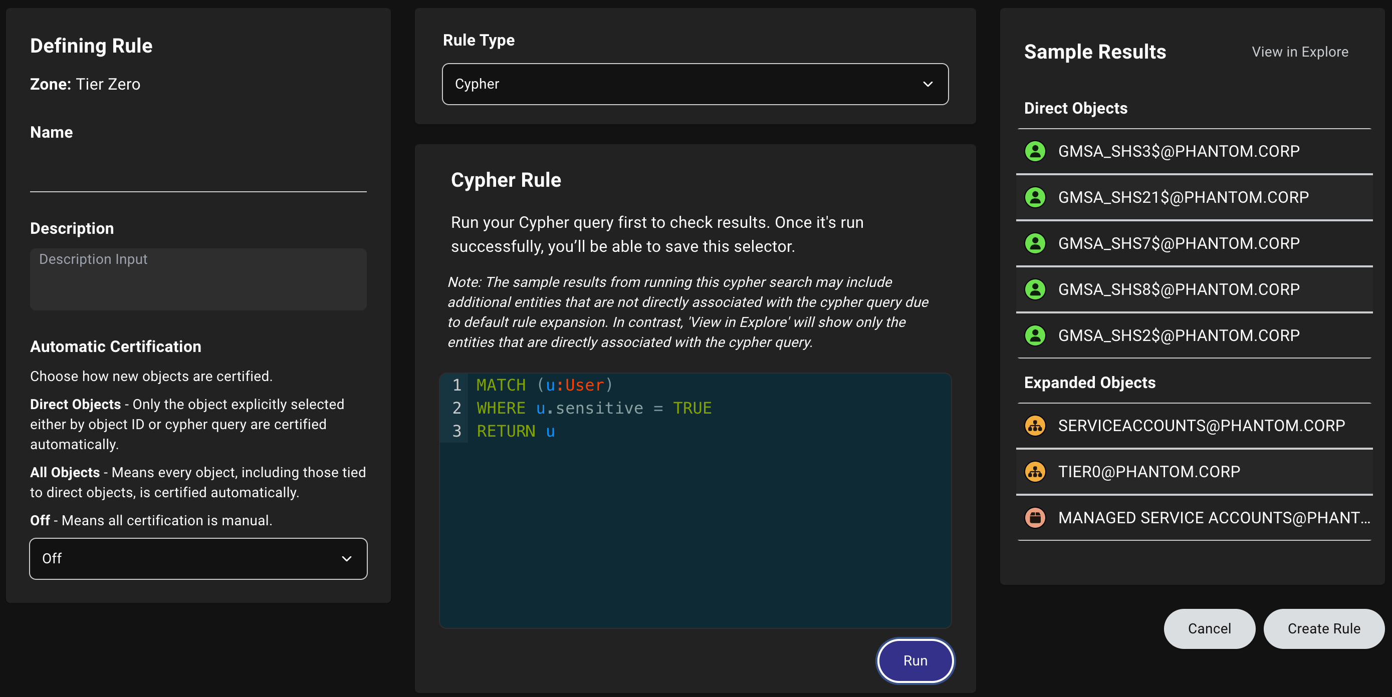 A view of the Zone Builder Cypher rule configuration