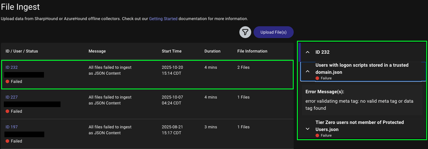 File Ingest screen showing details about a failed file ingest