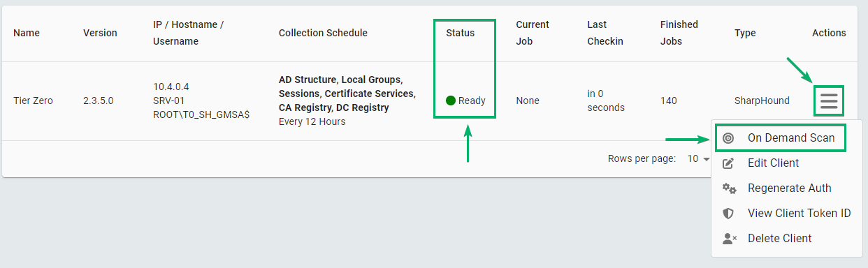 A collector client with the Action menu open and On Demand Scan selected