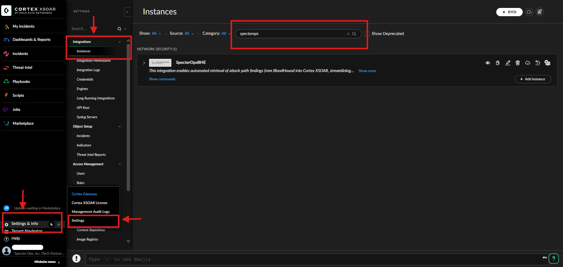 Cortex XSOAR Integrations & Instances page with SpecterOps integration visible.