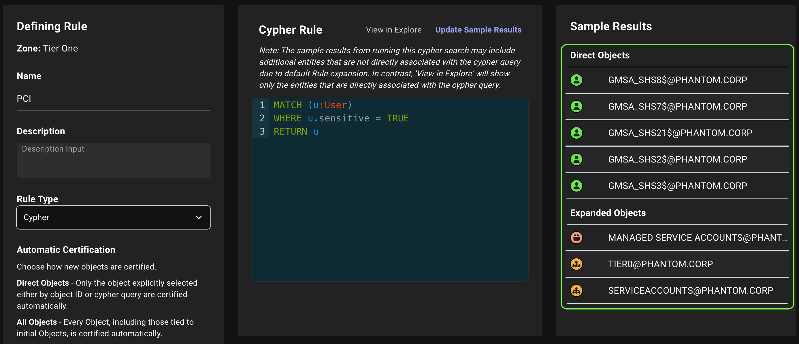 A view of the Sample Results panel in the Zone Builder page showing the separation between direct matches and expanded matches when defining a rule