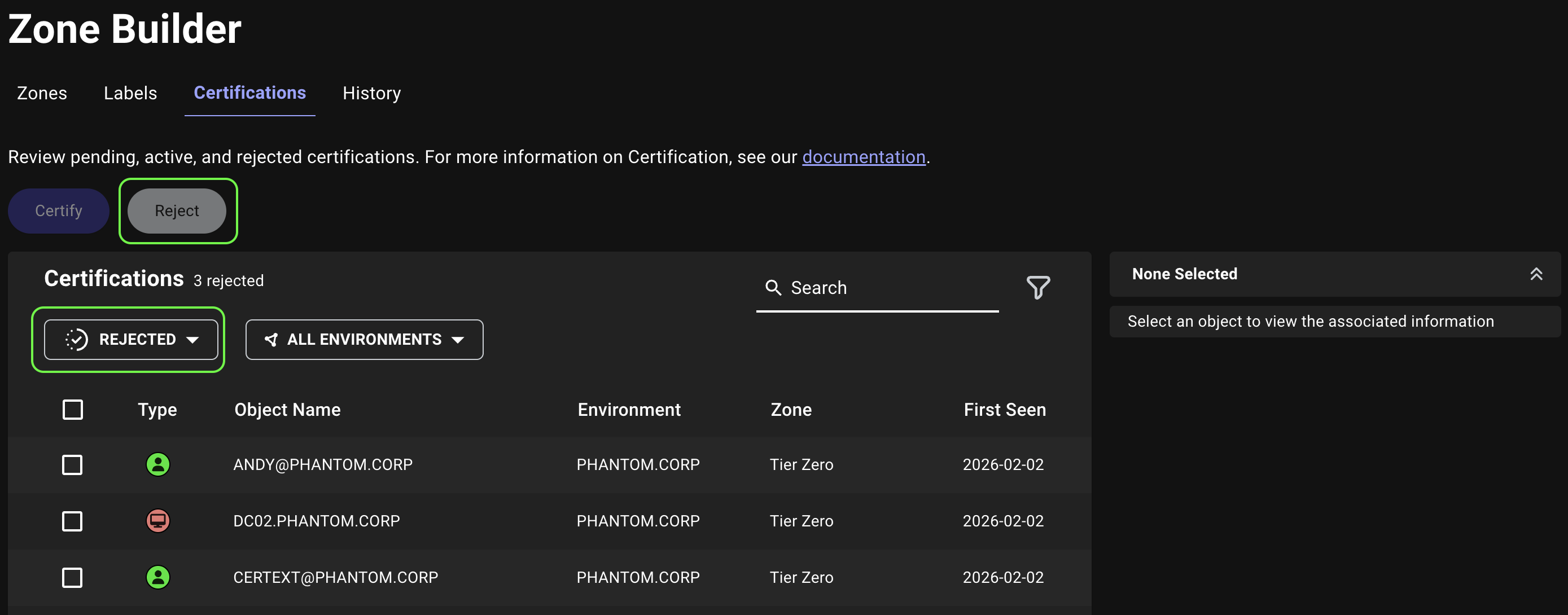 A view of the Certifications tab showing the updated Reject button