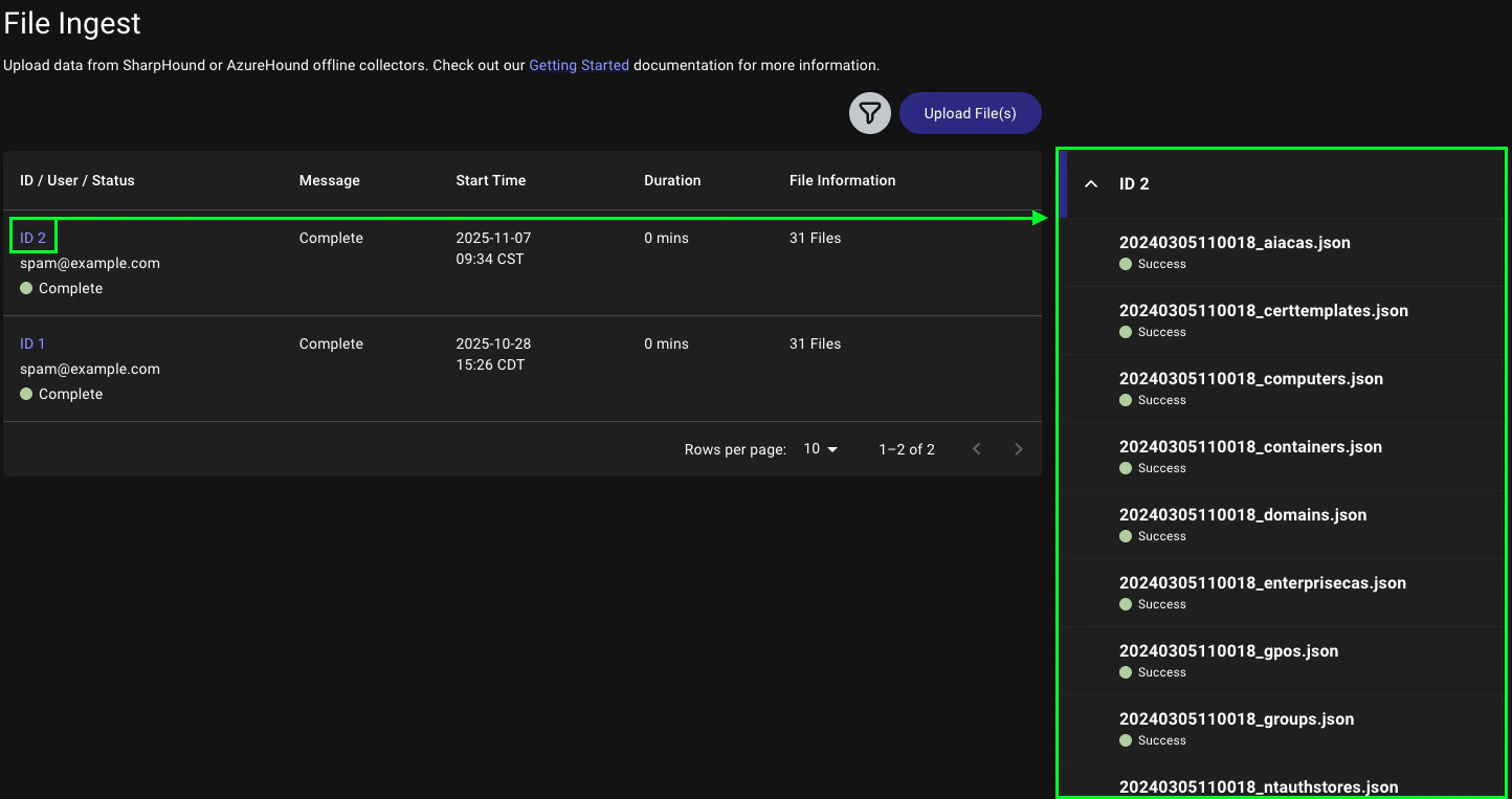 File Ingest screen showing the upload details panel