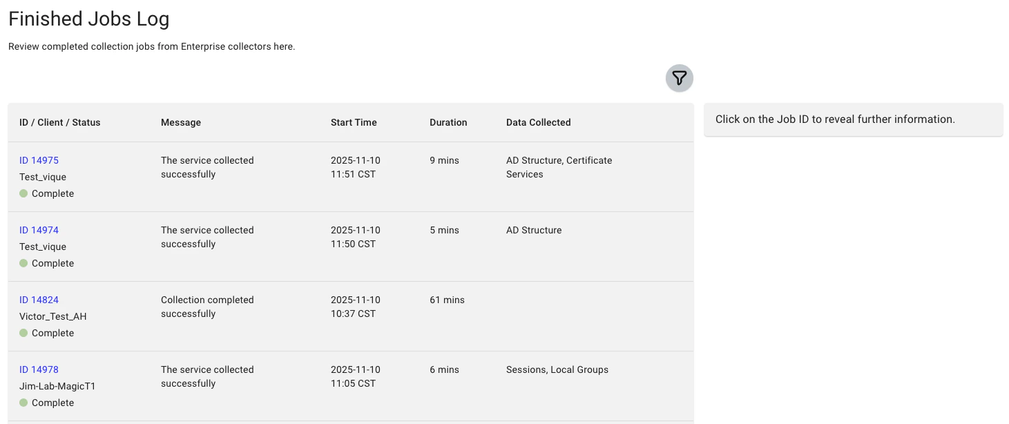 Finished Jobs Log screen showing the details panel
