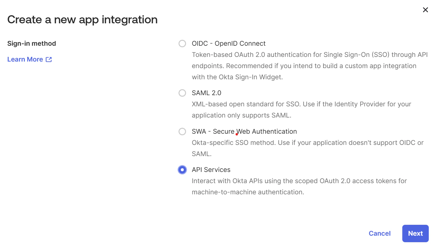 Create a new app integration - select API Services