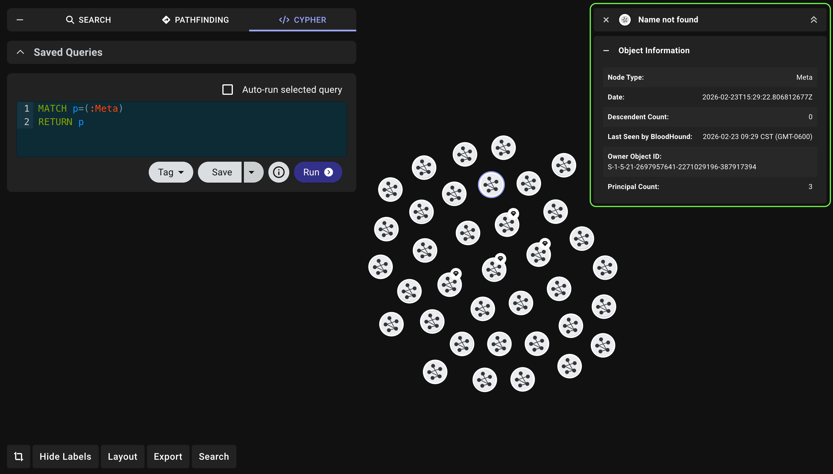 A view of the Entity panel showing information for a Meta node