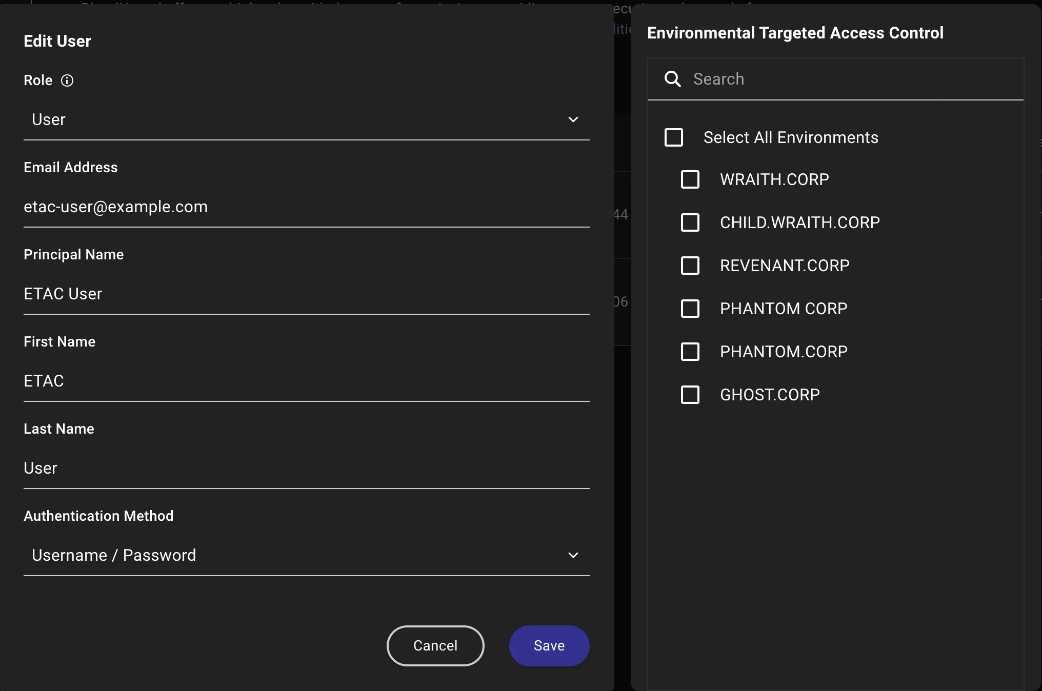 A view of the ETAC controls in the create/edit user workflow