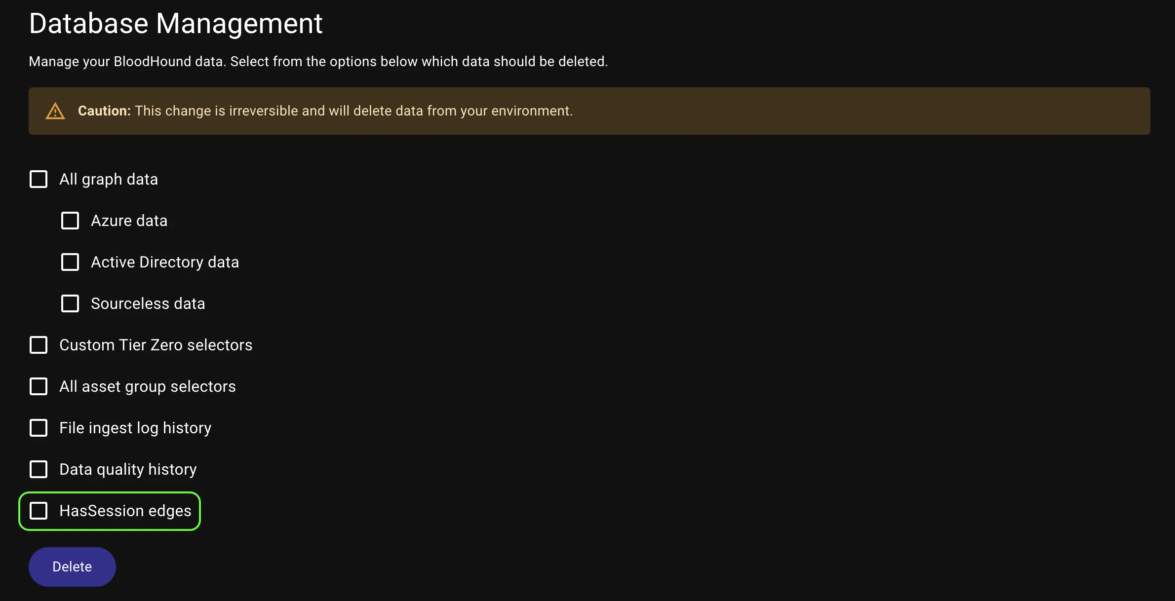 Screenshot of the HasSession edge deletion checkbox on the Database Management page