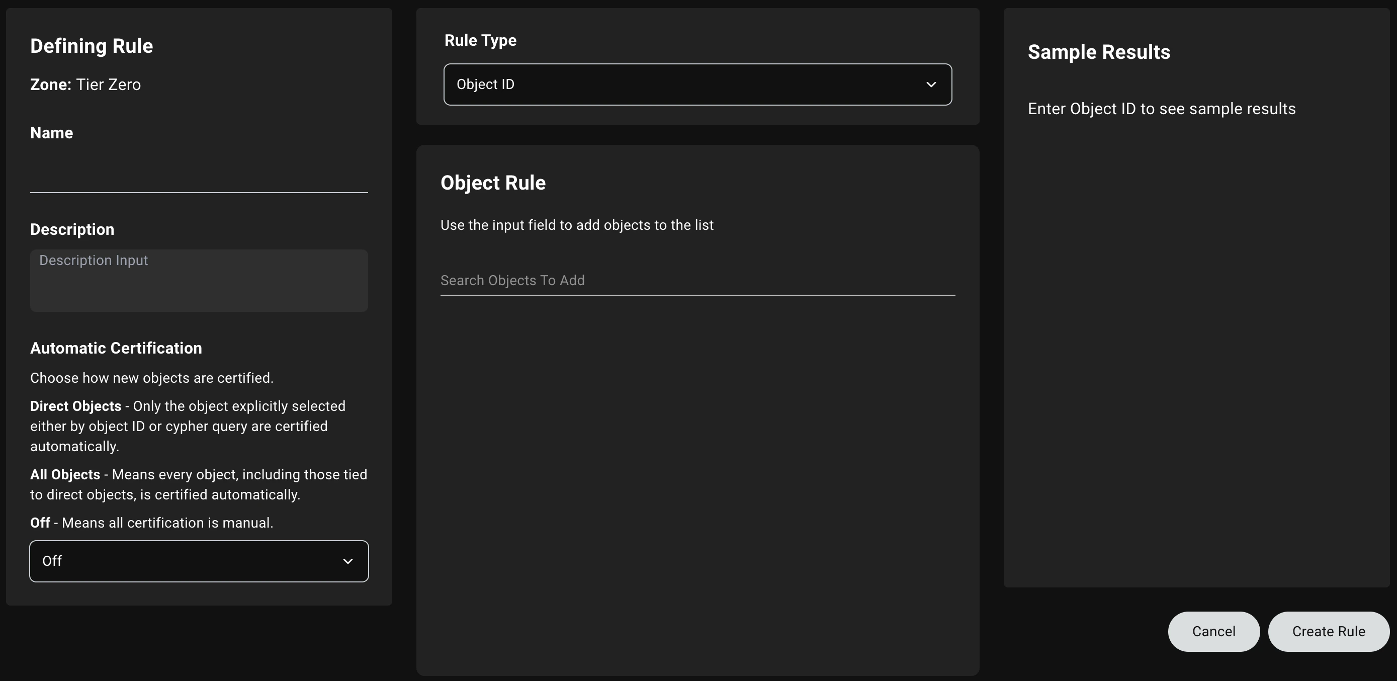 A view of the Zone Builder define zone rule page