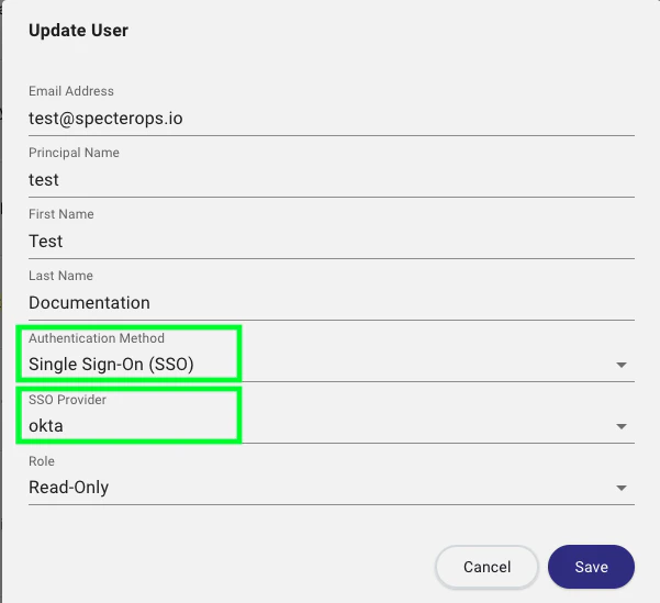 A view of the Update User dialog with the Single Sign-On authentication method selected.