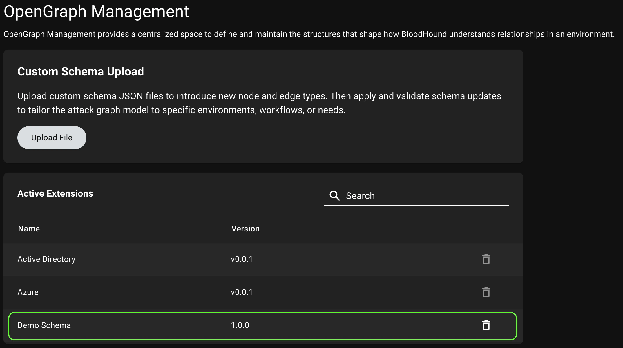 A screenshot showing the OpenGraph Management page with the list of active extensions, highlighting the newly installed extension.
