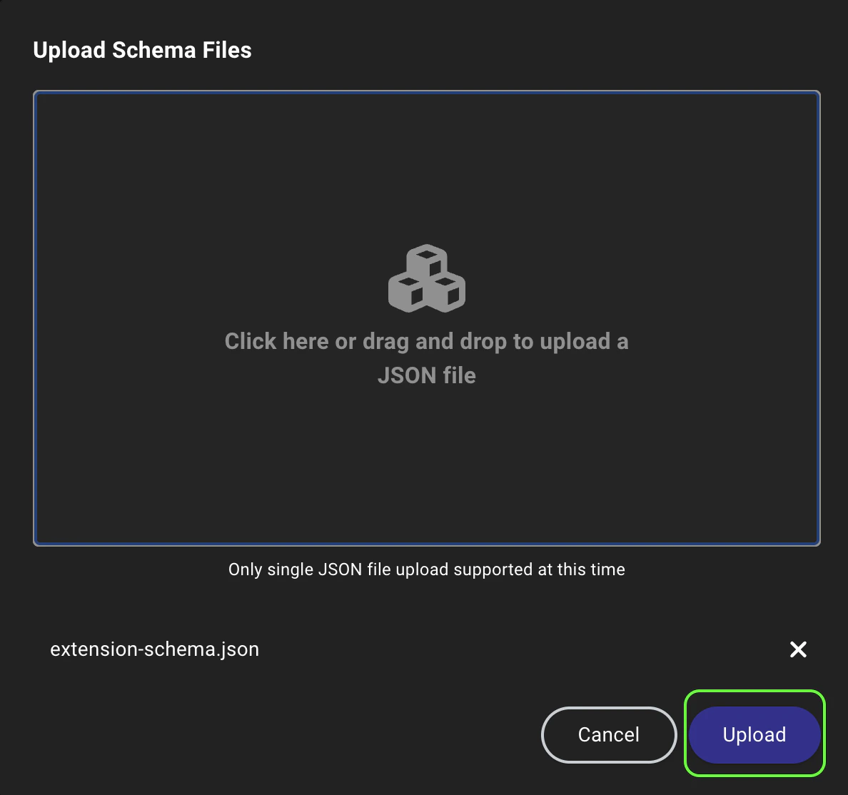 A screenshot showing the OpenGraph Management page with the Upload Schema Files dialog open, allowing the user to select a file and upload it.