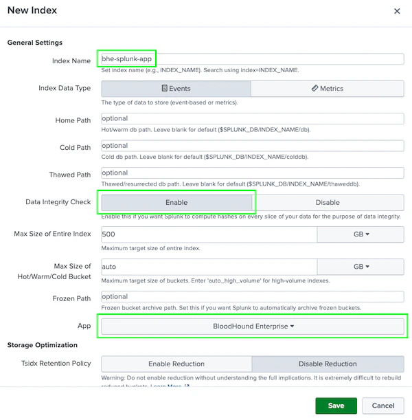 A view of the Splunk 'New Index' configuration page showing the fields filled out for creating the 'bhe-splunk-app' index.