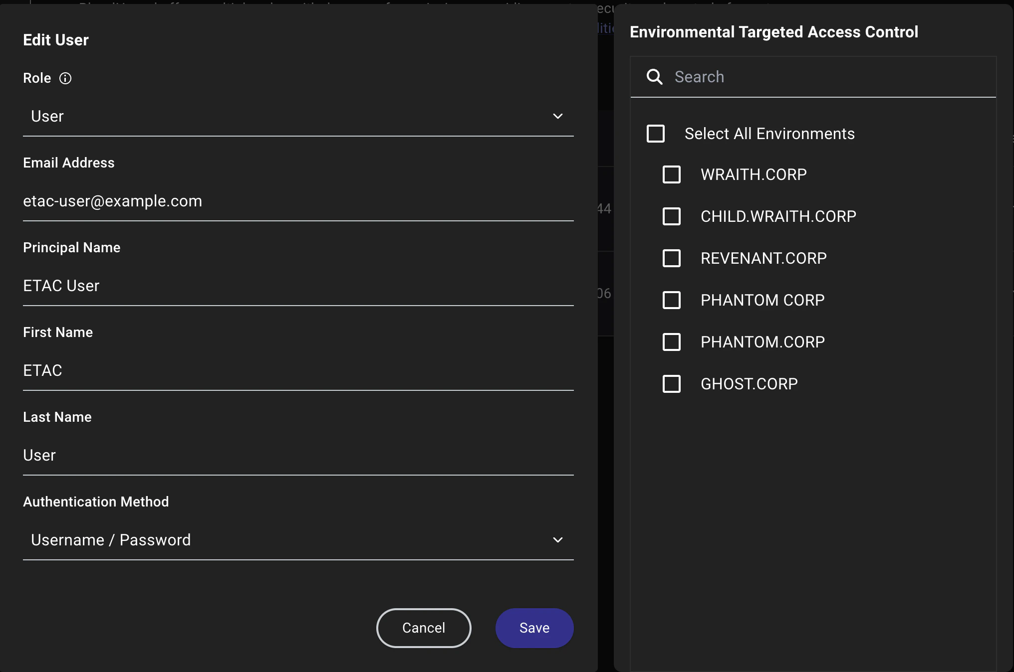 A view of the ETAC controls in the create/edit user workflow