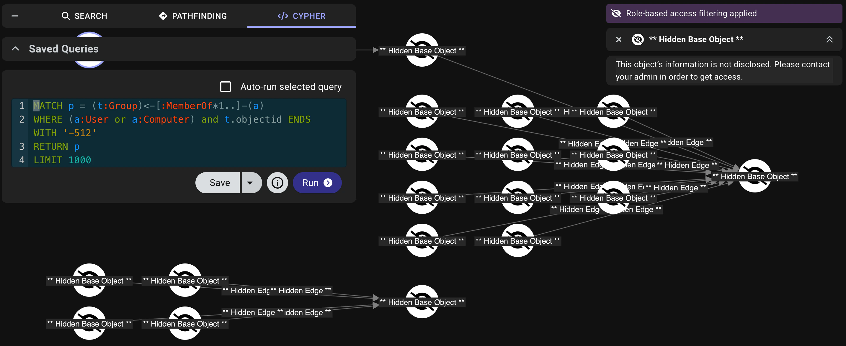 A view of the graph on the Explore page with ETAC filtering applied, showing hidden objects from unauthorized environments
