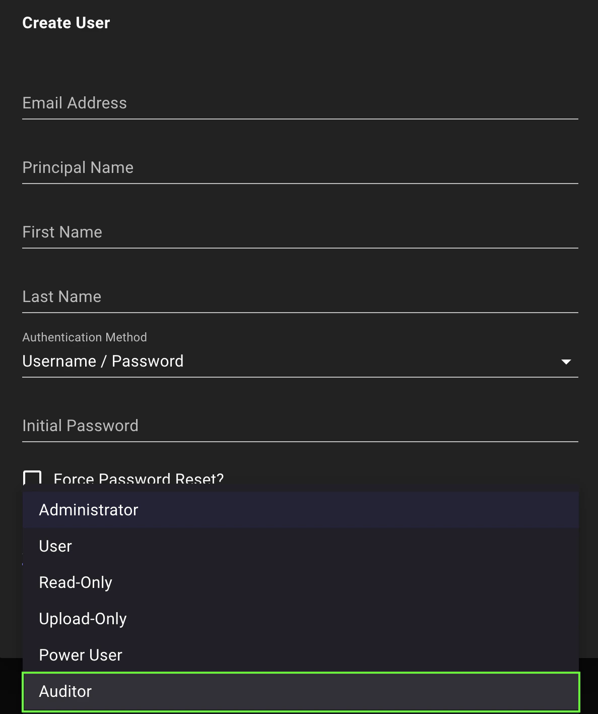 A view of the Create User page showing the Auditor role