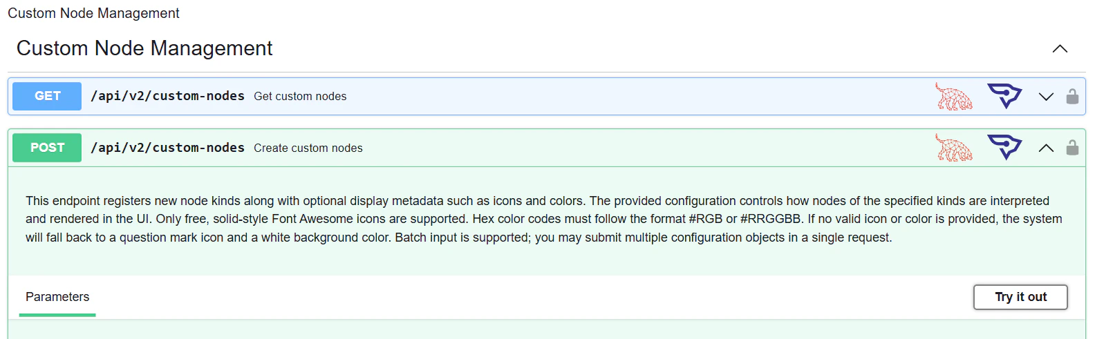 API Explorer showing the POST custom-nodes endpoint