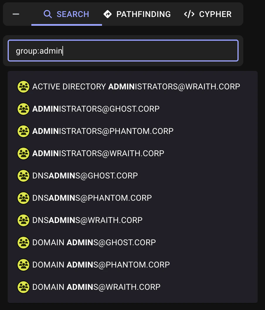 A view showing how to search for group nodes containing the word admin in the Explore page
