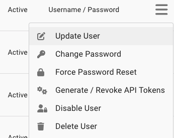 A view of the Manage Users page with the hamburger menu button highlighted for a user.