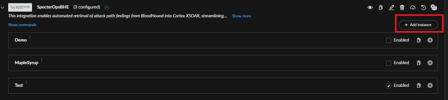 List of multiple SpecterOpsBHE instances in Cortex XSOAR.
