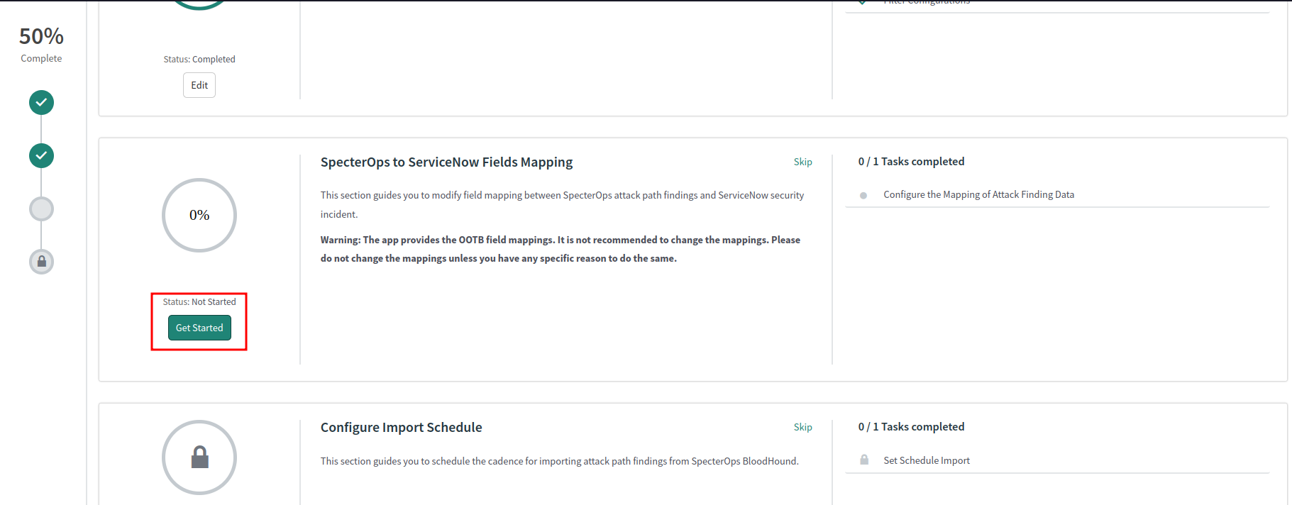 A view of the ServiceNow user interface showing the process of getting started with field mapping.