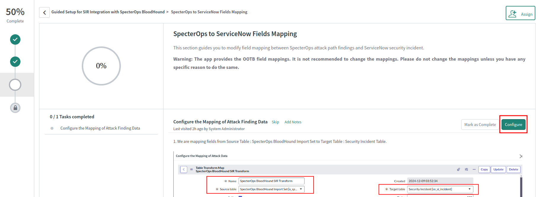 A view of the ServiceNow user interface showing the default field mapping.